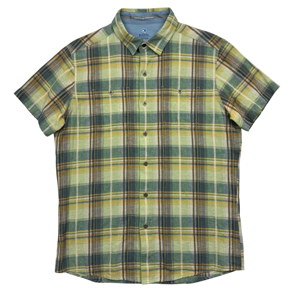Kuhl Skorpio Linen Blend Plaid Shirt Button Down SS Green Yellow Size M Tapered